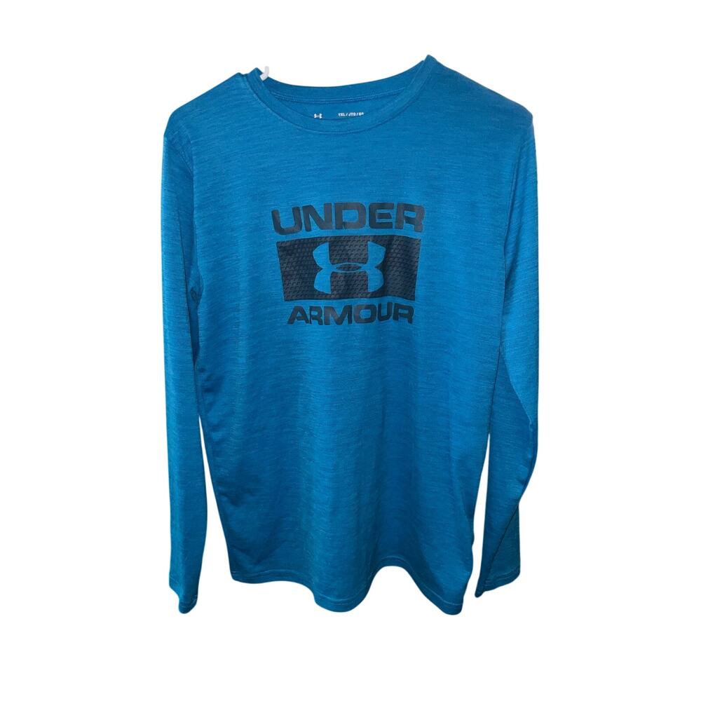 Under Armour Boys Heathered Blue Gray Long Sleeve Dri Fit T-Shirt Size YXL